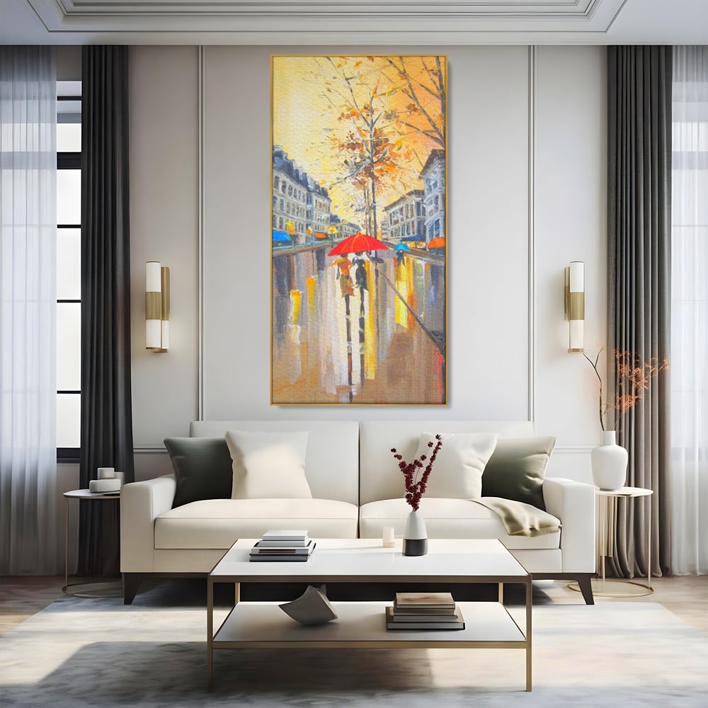 Tablou canvas cu tablou canvas cu peisaj urban ploios, in rama de aluminiu auriu, pe perete intr-un living
